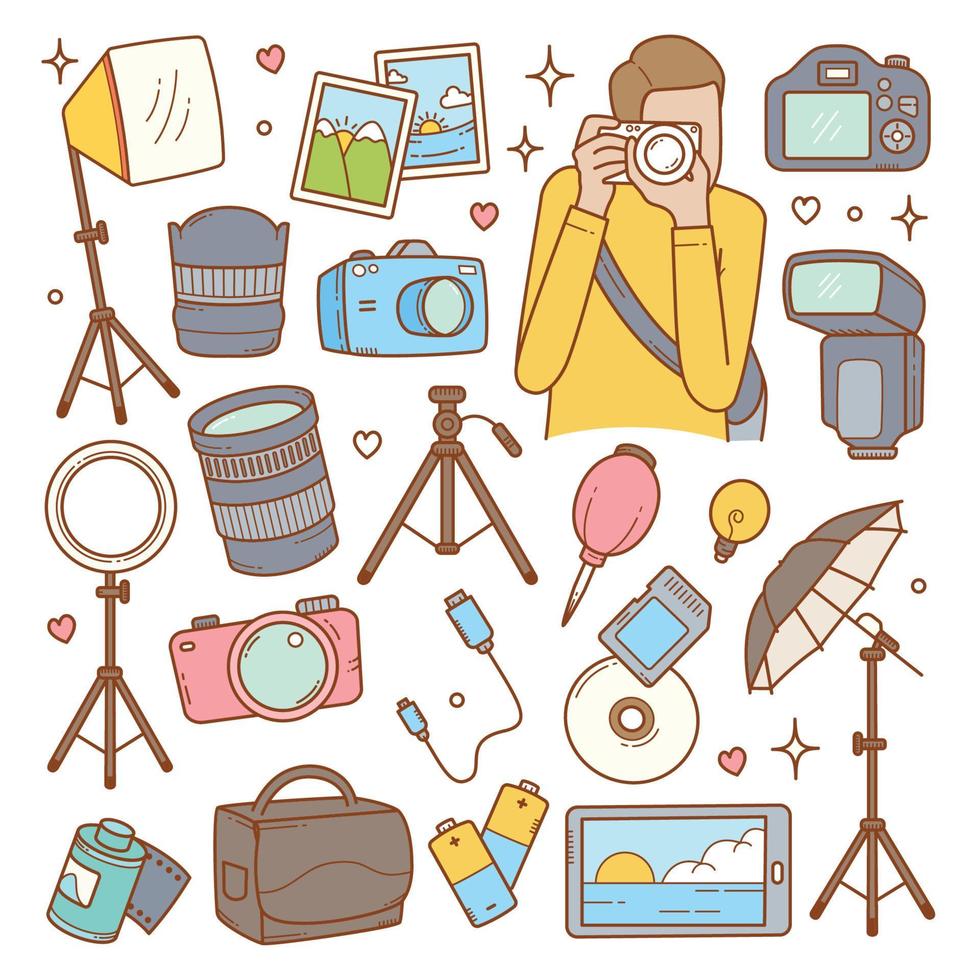 conjunto de cámara y fotografía doodle dibujado a mano ilustración vectorial vector