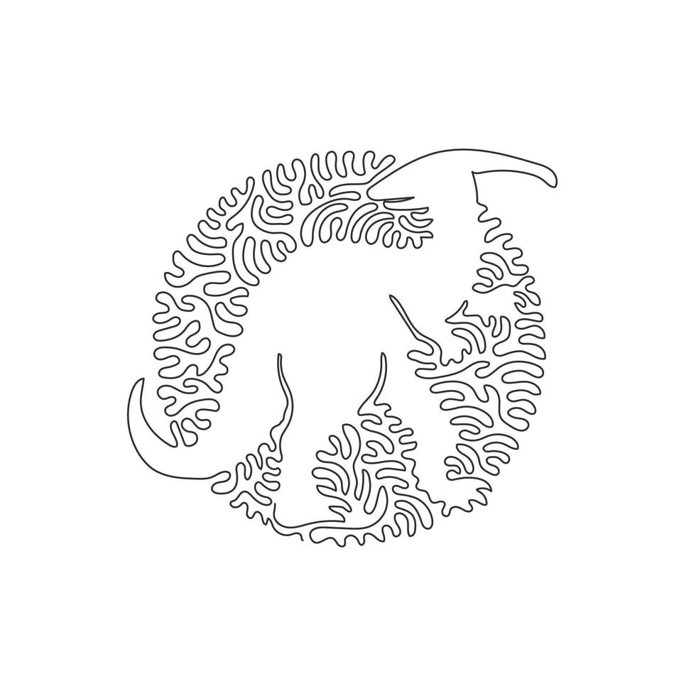 Continuous one curve line drawing of crested skull dino abstract art in circle. Single line editable stroke vector illustration of herbivorous dinosaurs   for logo, wall decor and poster print decor