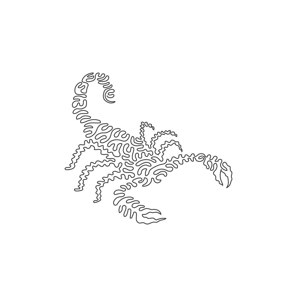 Single curly one line drawing of creepy scorpion abstract art. Continuous line draw graphic design vector illustration of venomous scorpion for icon, symbol, company logo, poster wall decor