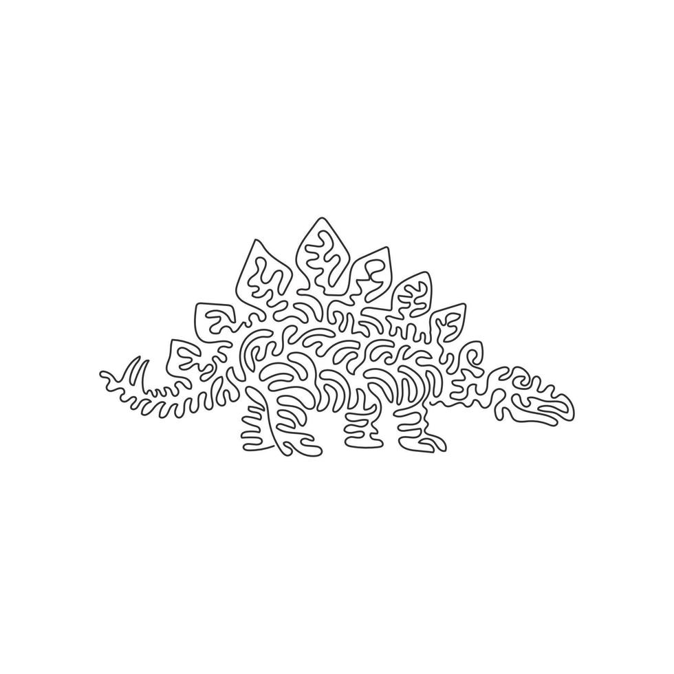 Single one curly line drawing of armored dinosaur abstract art. Continuous line draw graphic design vector illustration of stegosaurus herbivores for icon, symbol, company logo, poster wall decor