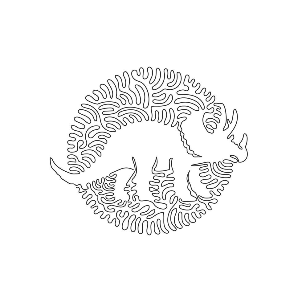 Continuous one curve line drawing of knight dinosaur abstract art in circle. Single line editable stroke vector illustration of triceratops has a crown  for logo, wall decor and poster print decor