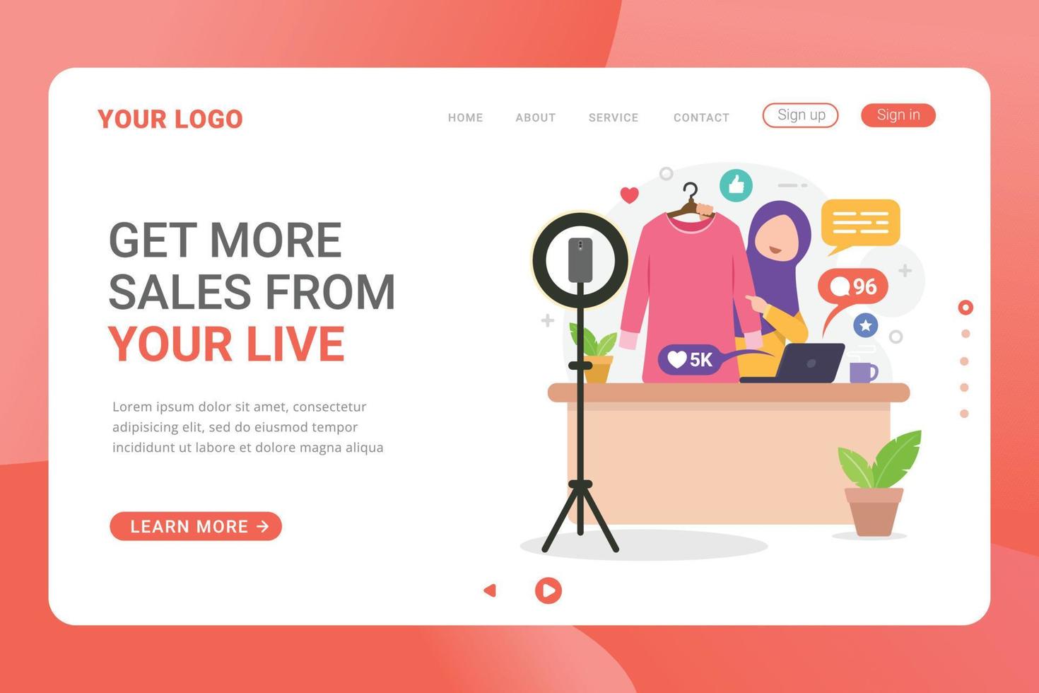 Selling product on live stream landing page template vector