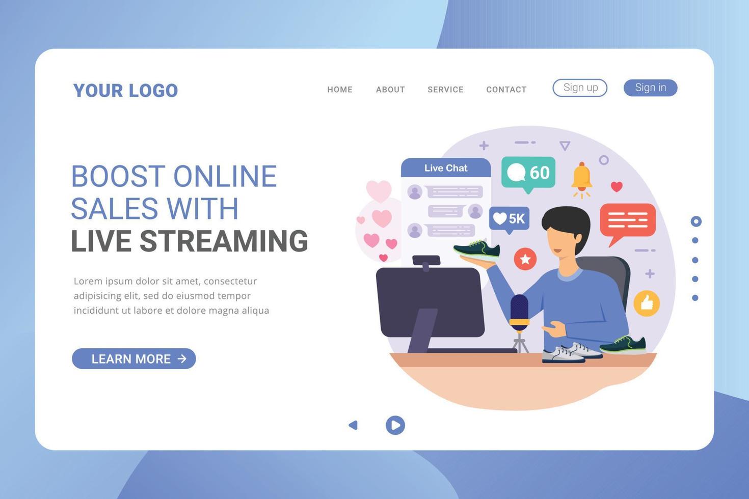 Selling product on live stream landing page template vector