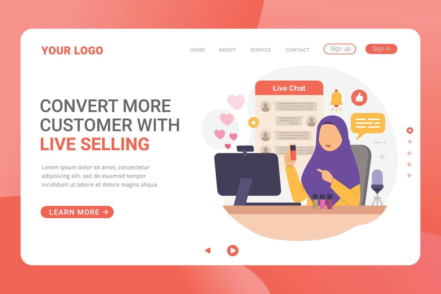 Selling product on live stream landing page template vector