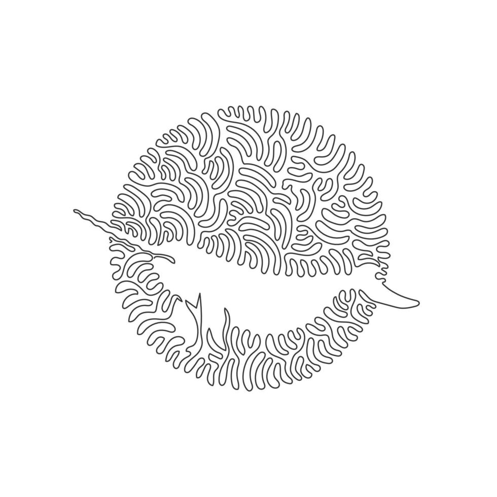 Continuous curve one line drawing of cute narwhal abstract art in circle. Single line editable stroke vector illustration of narwhal with straight tusk for logo, wall decor, boho printable art