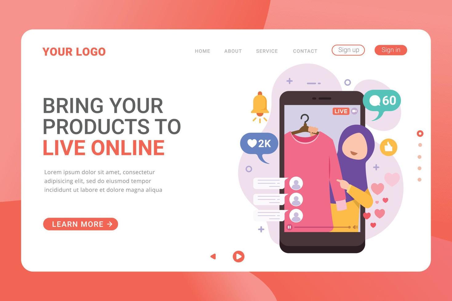 Selling product on live stream landing page template vector