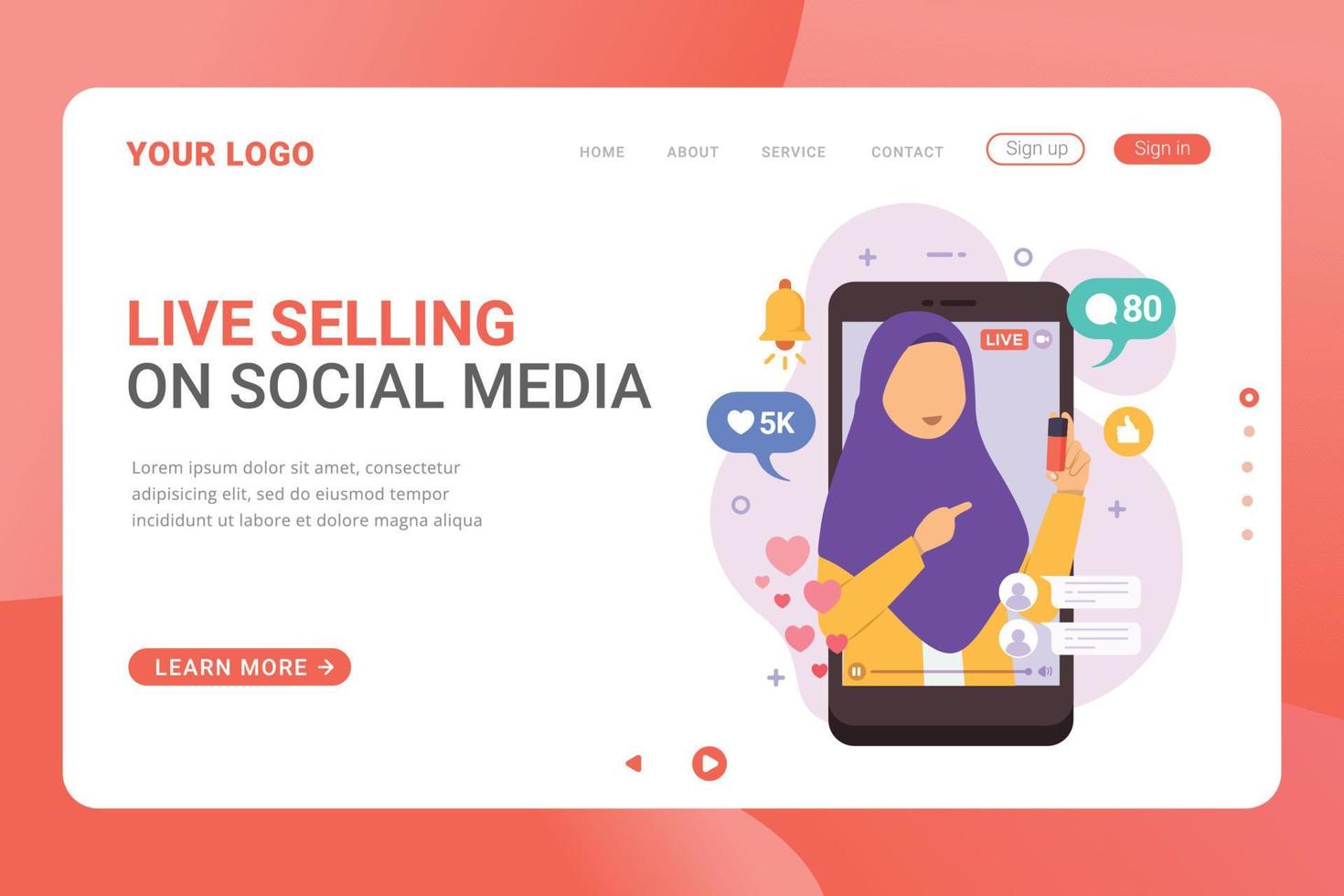 Selling product on live stream landing page template vector