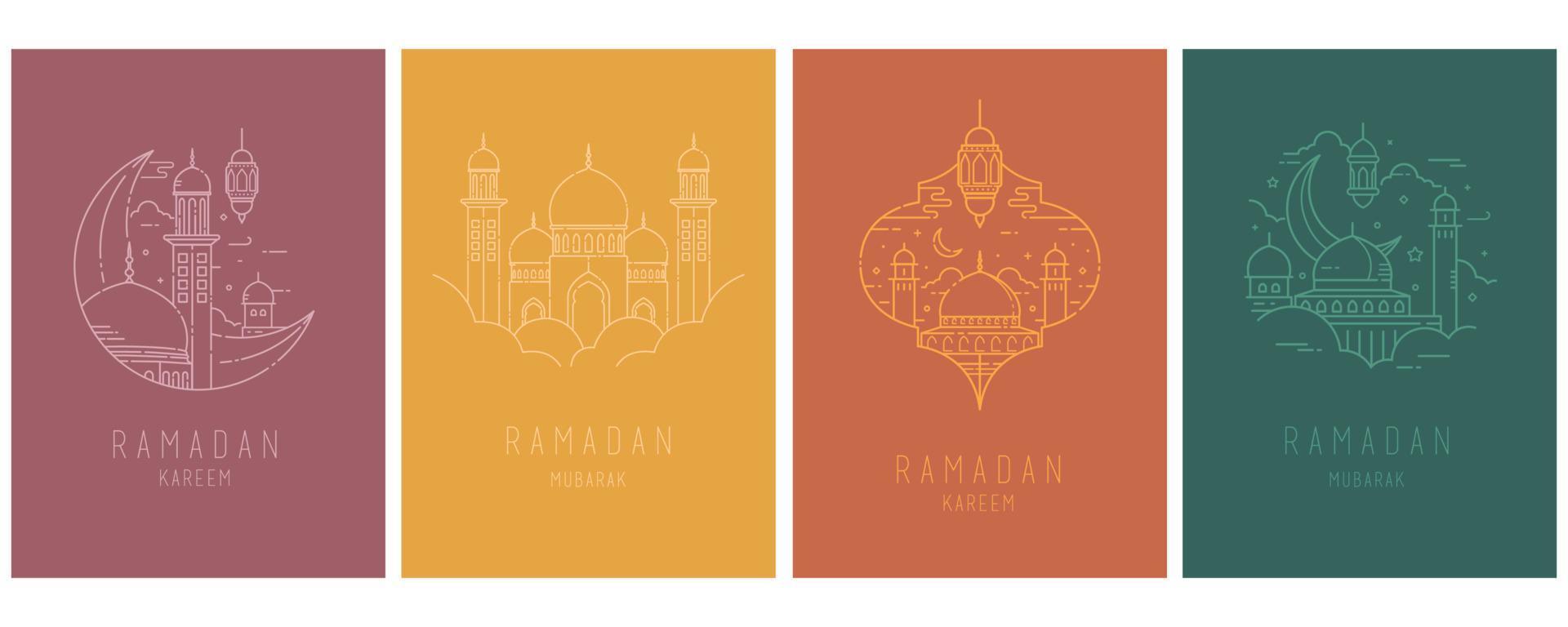 Ramadan kareem greeting card outline style with retro boho design vector