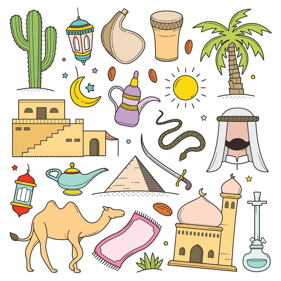 Arabian desert and culture outline doodle hand drawn vector illustration