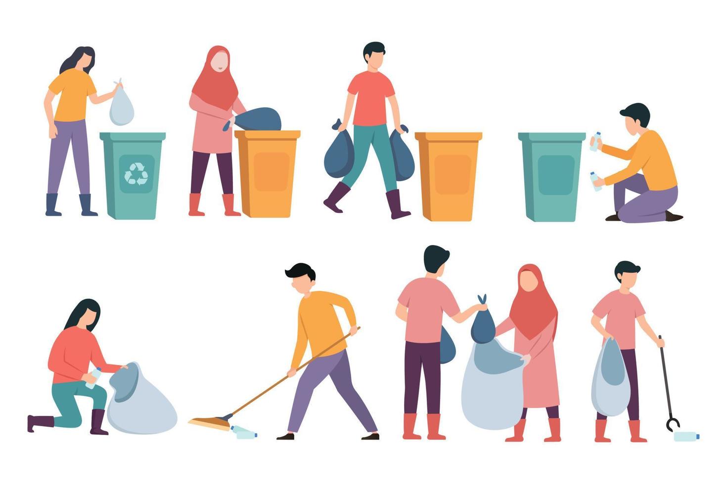 los voluntarios limpian el medio ambiente de la ilustración del vector de basura