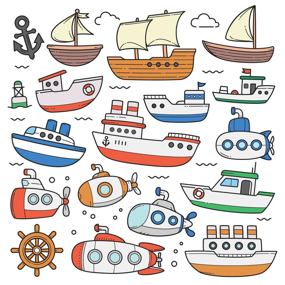 barco y submarino doodle boceto dibujado a mano colección vector contorno