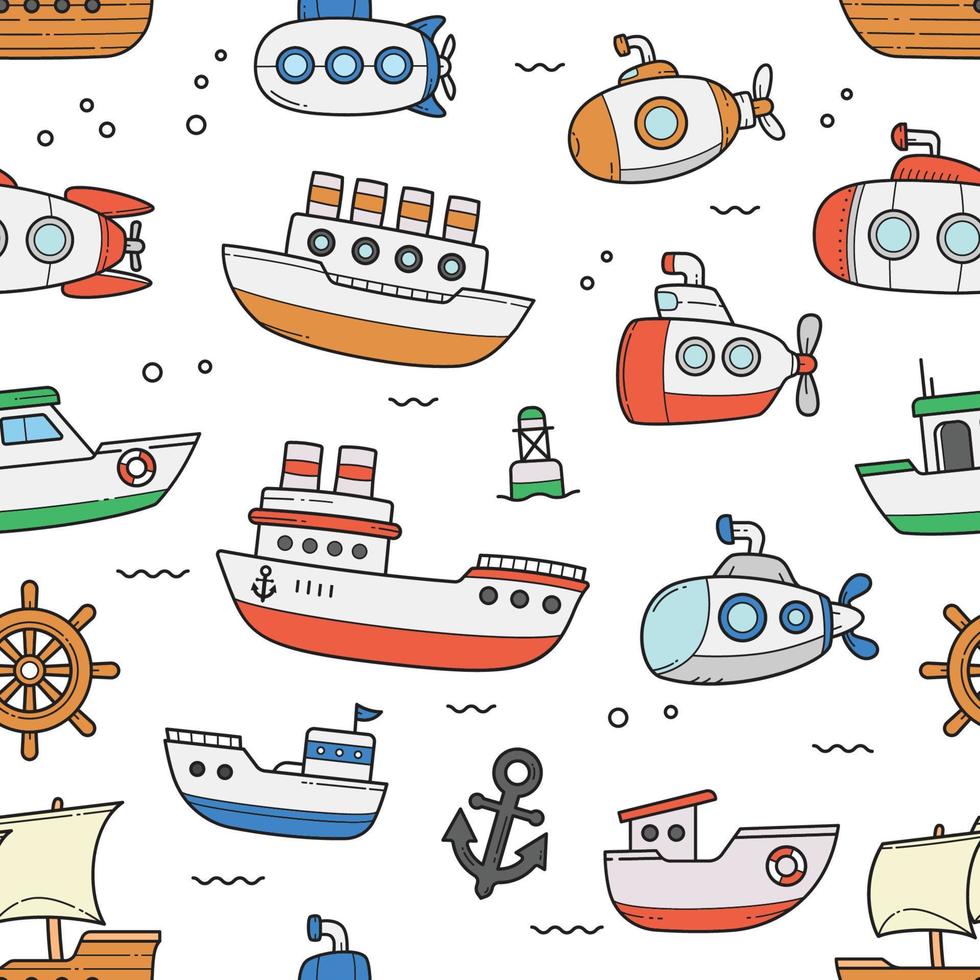 Ship and submarine doodle seamless pattern background wallpaper vector