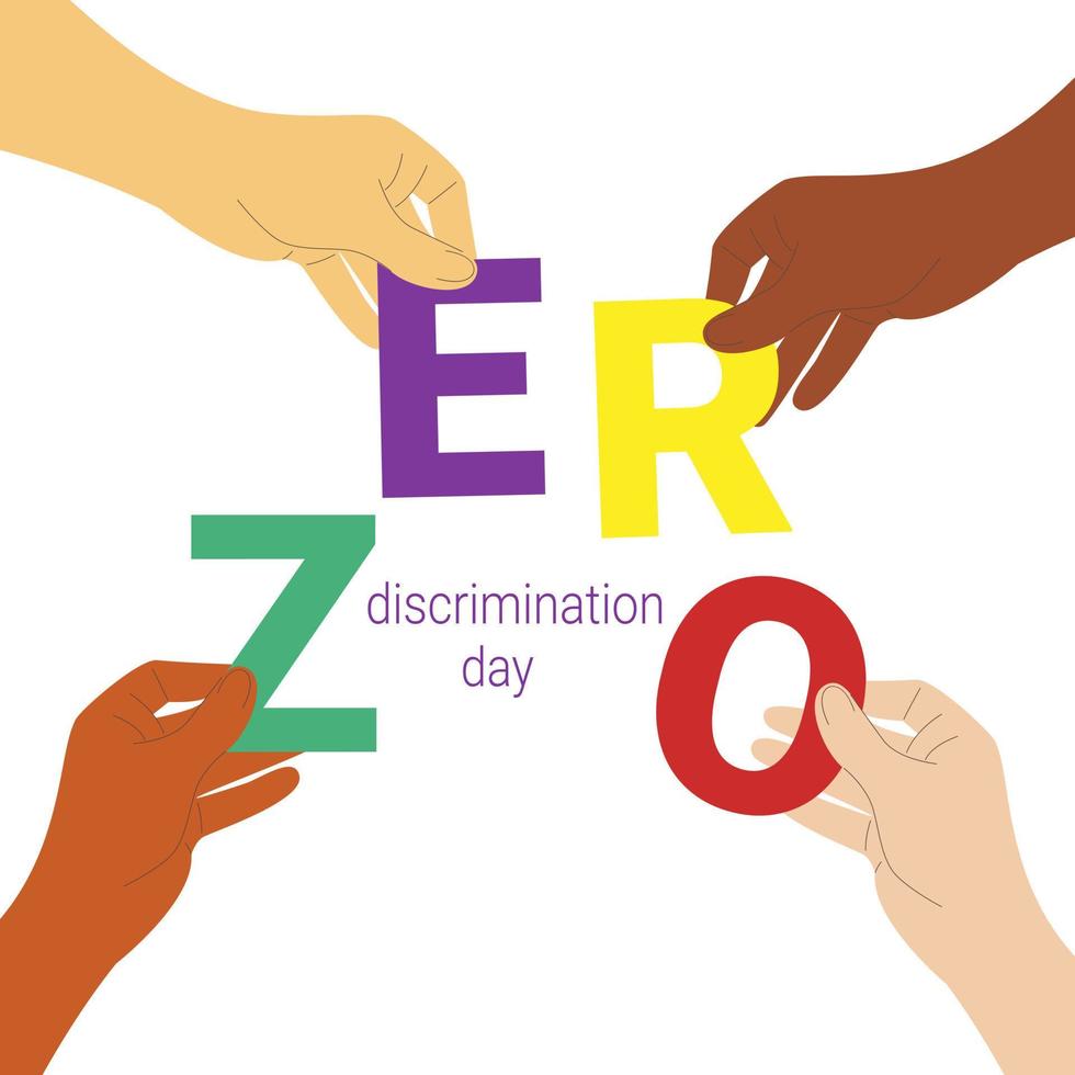 Banner Zero Discrimination Day 1 March. Hands of diverse group of people putting together. vector