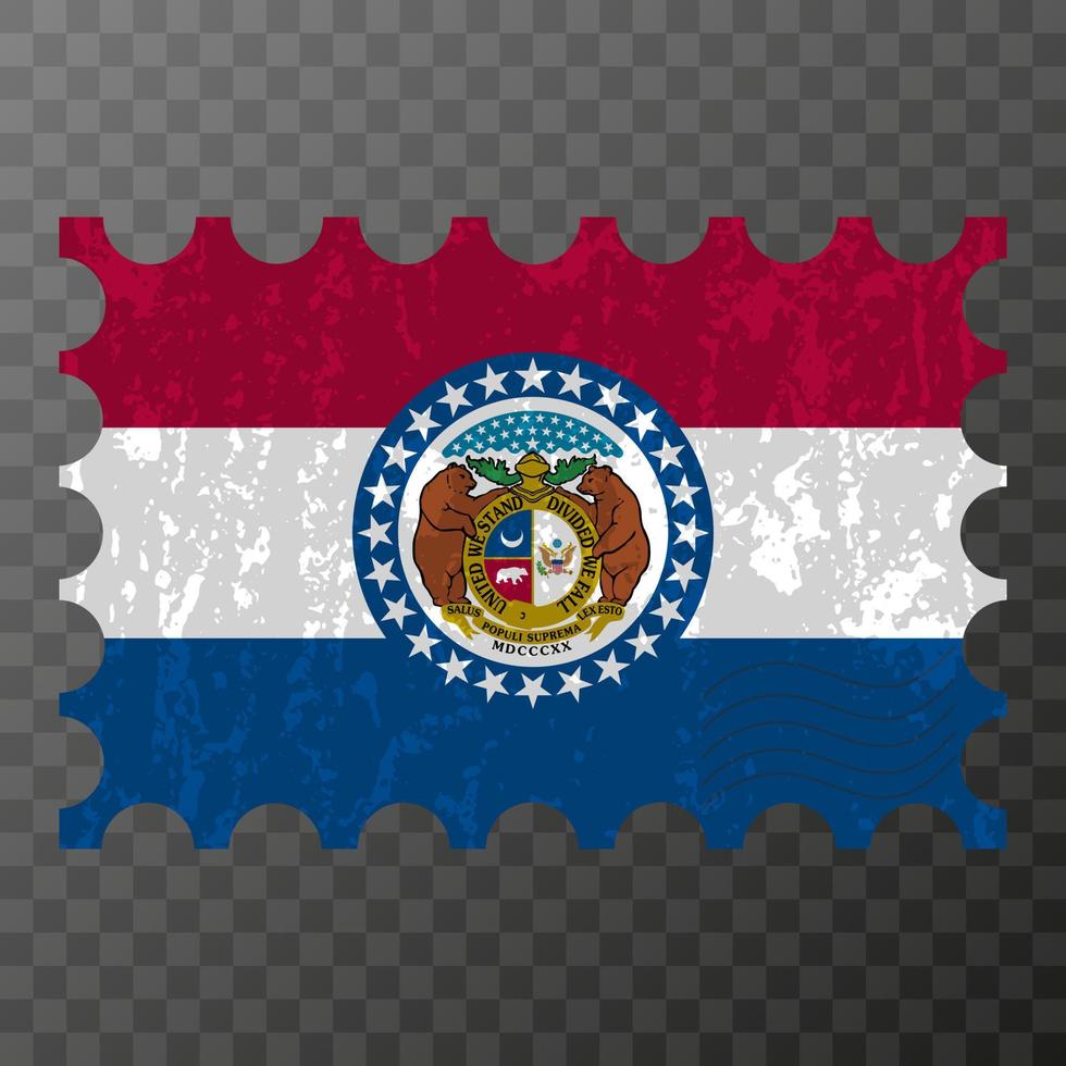 Postage stamp with Missouri state grunge flag. Vector illustration.