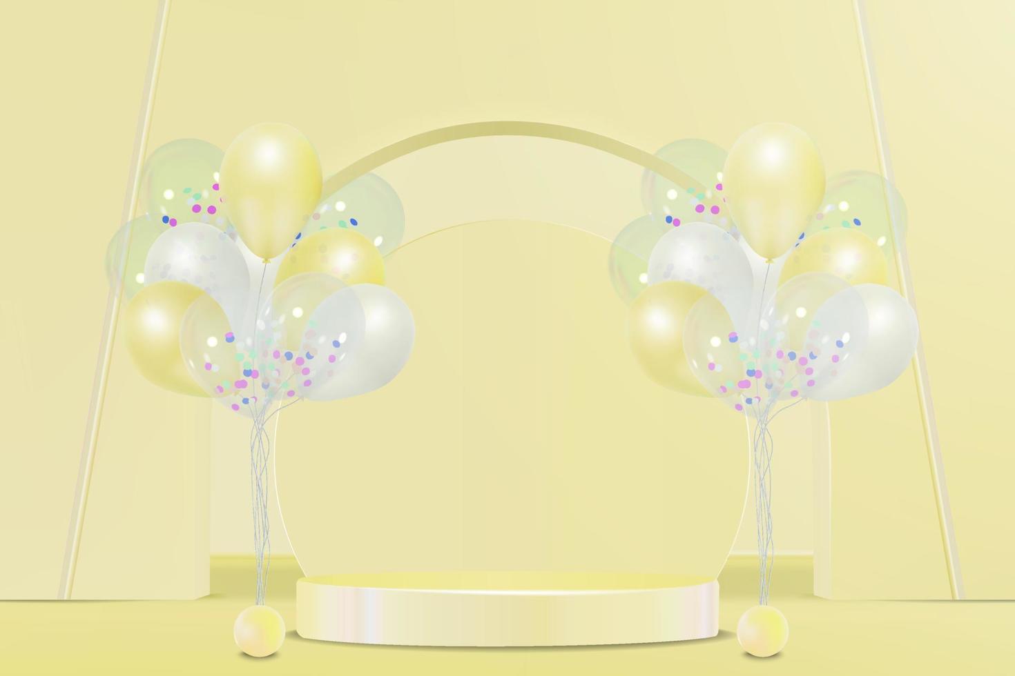 Colorful balloons with a podium stand scene vector 3d