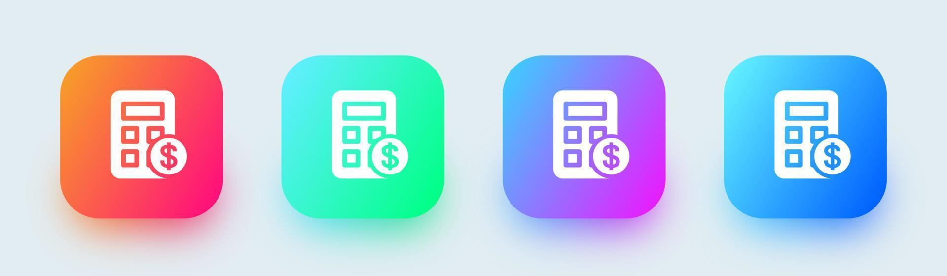 icono sólido de la calculadora en colores degradados cuadrados. ilustración de vector de signos de finanzas.