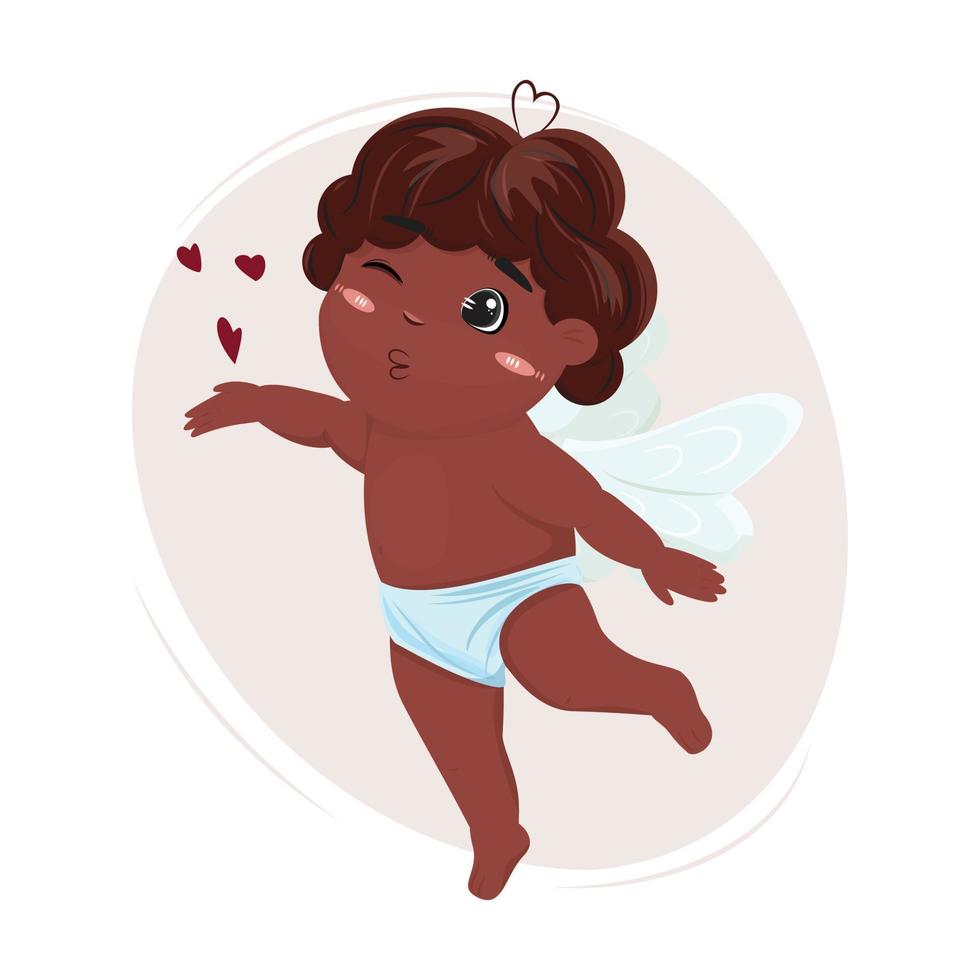 Black kissing cupid. Happy Valentines Day illustration. Vector illustration of the adorable flying cupid and sending kisses.