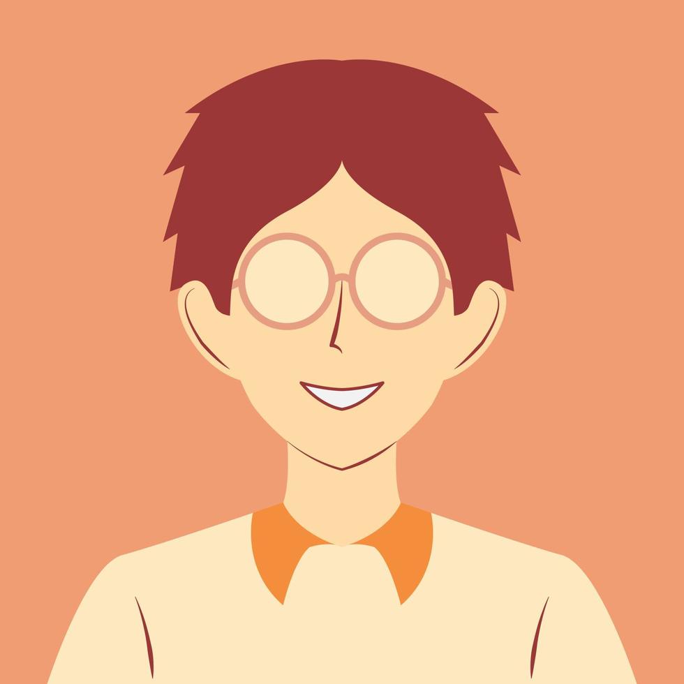 Young boy character with glasses in flat cartoon illustration. Confident avatar design vector