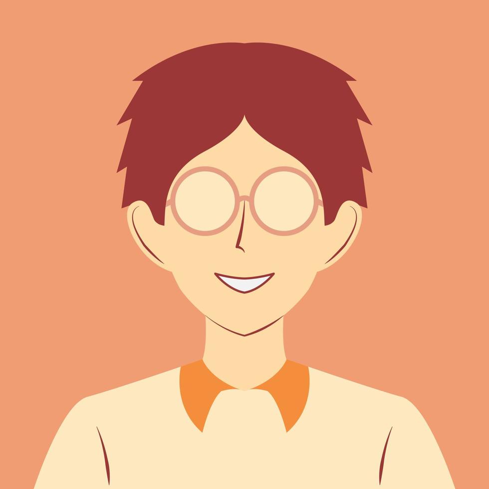 Young boy character with glasses in flat cartoon illustration. Confident avatar design vector