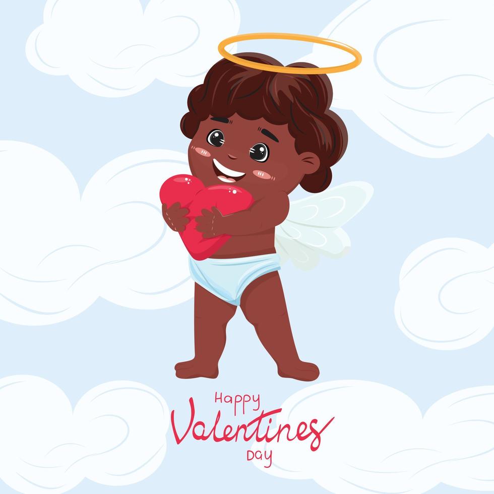 Black cupid hugging a heart in the heaven. Cute cupid in clouds holding a red heart. Happy Valentines Day illustration. vector