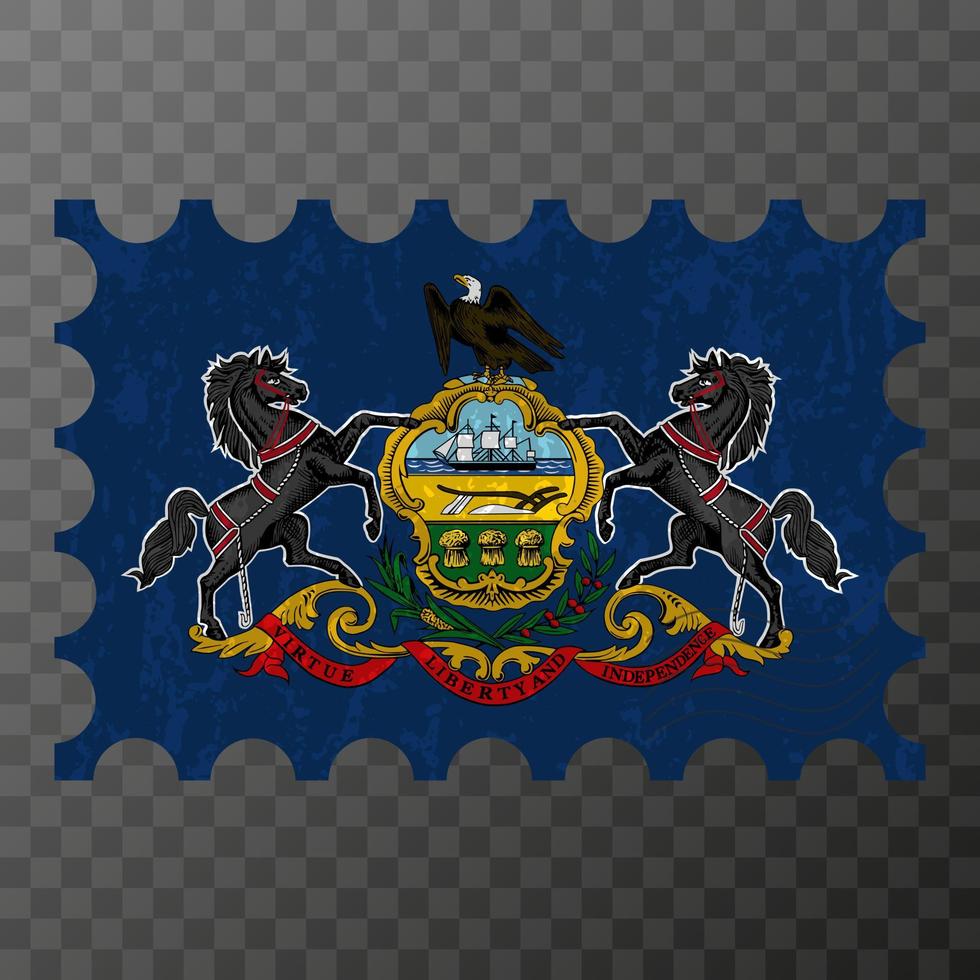 Postage stamp with Pennsylvania state grunge flag. Vector illustration.