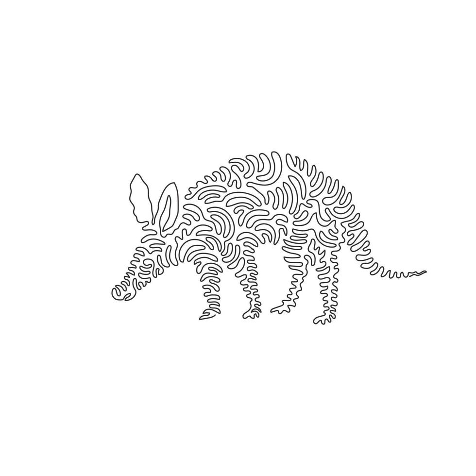 Single one curly line drawing of cute aardvark abstract art. Continuous line draw graphic design vector illustration of  long snout aardvark for icon, symbol, company logo, poster print decor