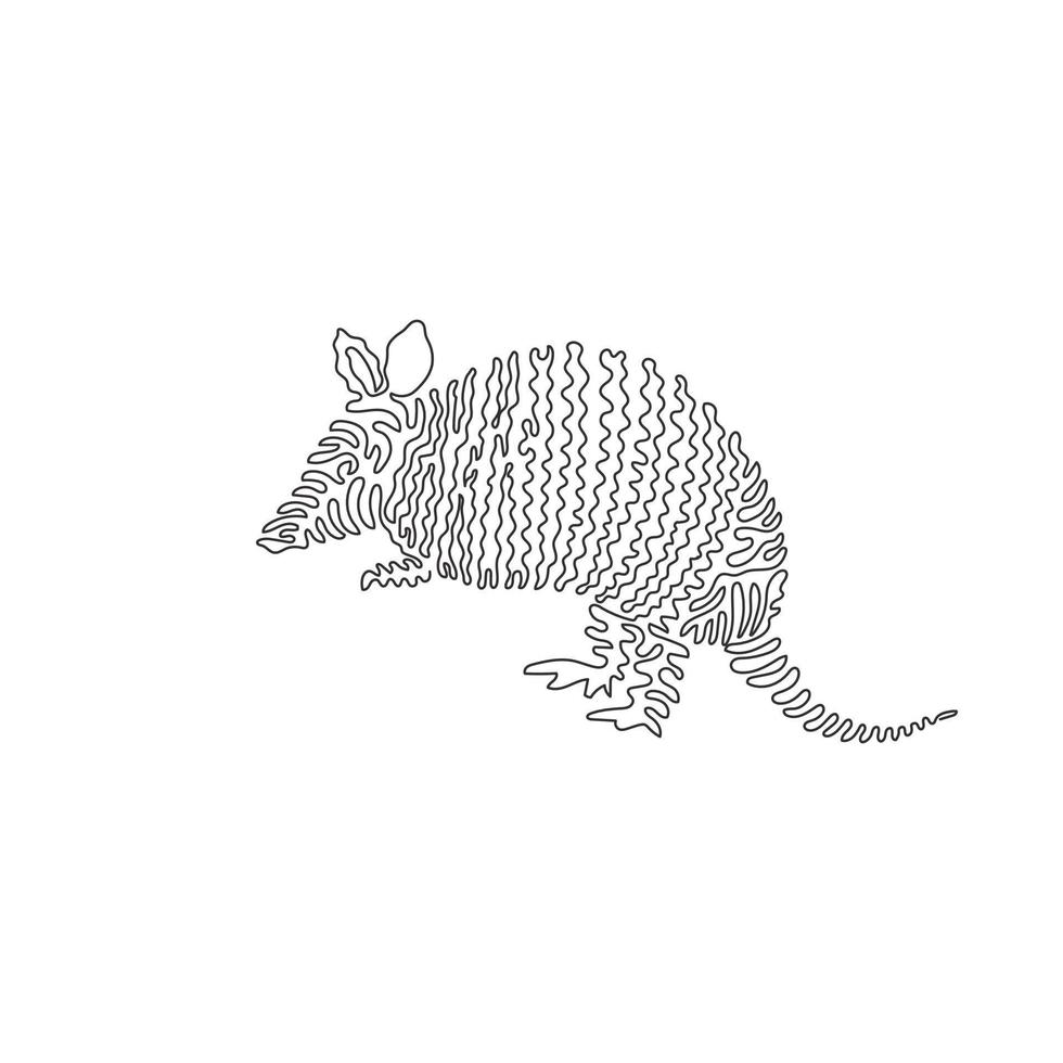 Continuous curve one line drawing of cute armadillo abstract art in circle. Single line editable stroke vector illustration of armadillos find food using their claws for logo, wall decor and poster