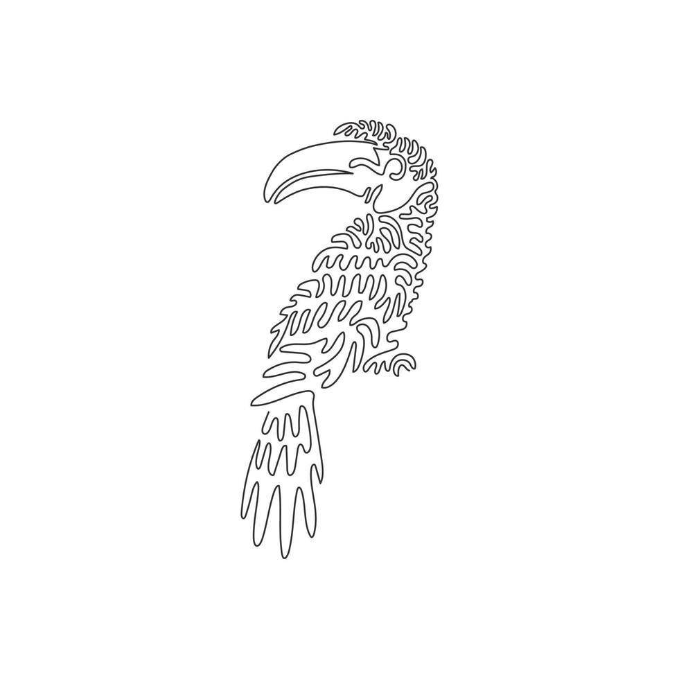 Single one line drawing of adorable hornbill abstract art. Continuous line draw graphic design vector illustration of beautiful long tails hornbill for icon, symbol, company logo, boho wall art