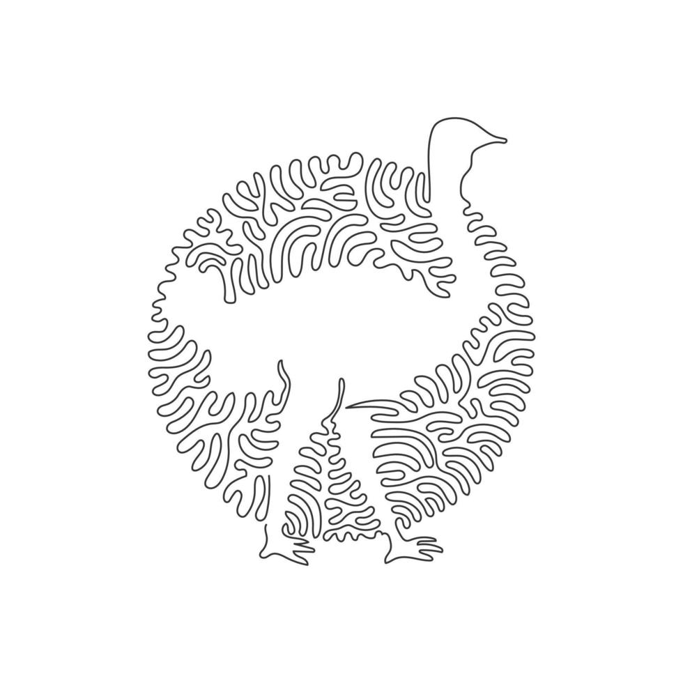 Continuous one curve line drawing of ostrich which long skinny legs abstract art in circle. Single line editable stroke vector illustration of huge ostrich for logo, wall decor, boho poster