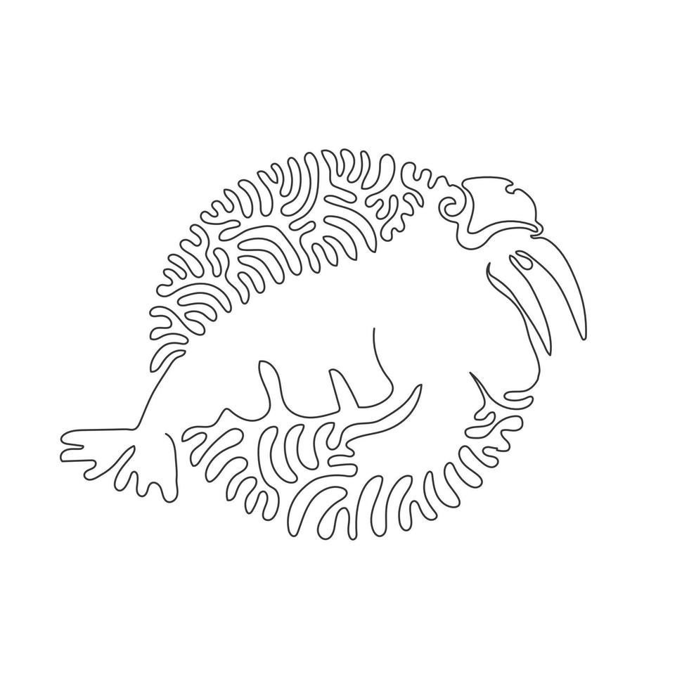 Single one curly line drawing of creepy walrus abstract art. Continuous line draw graphic design vector illustration of huge walrus for icon, symbol, and company logo, boho poster