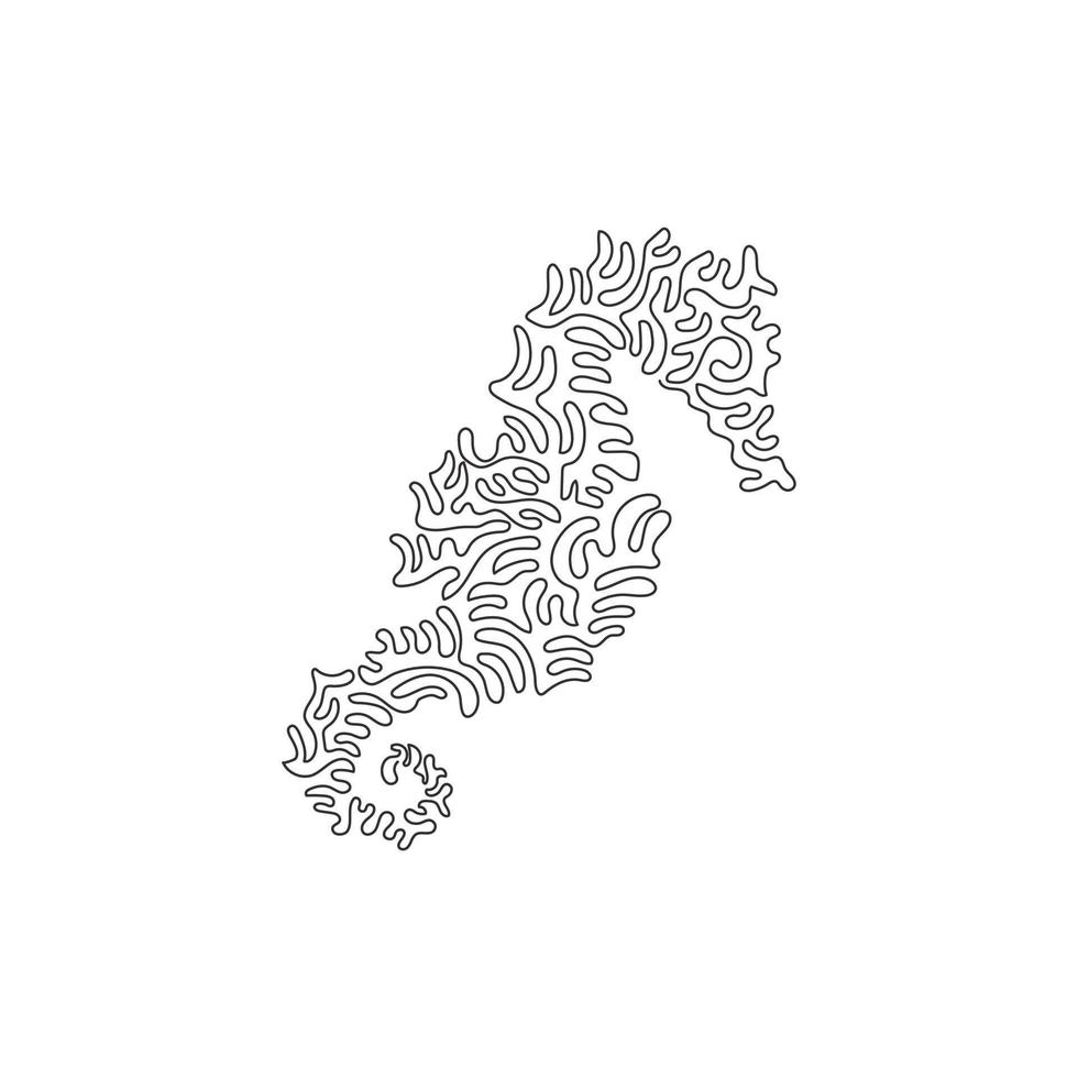 Single one curly line drawing of beautiful seahorse abstract art. Continuous line draw graphic design vector illustration of friendly seahorse for icon, symbol, company logo, boho poster