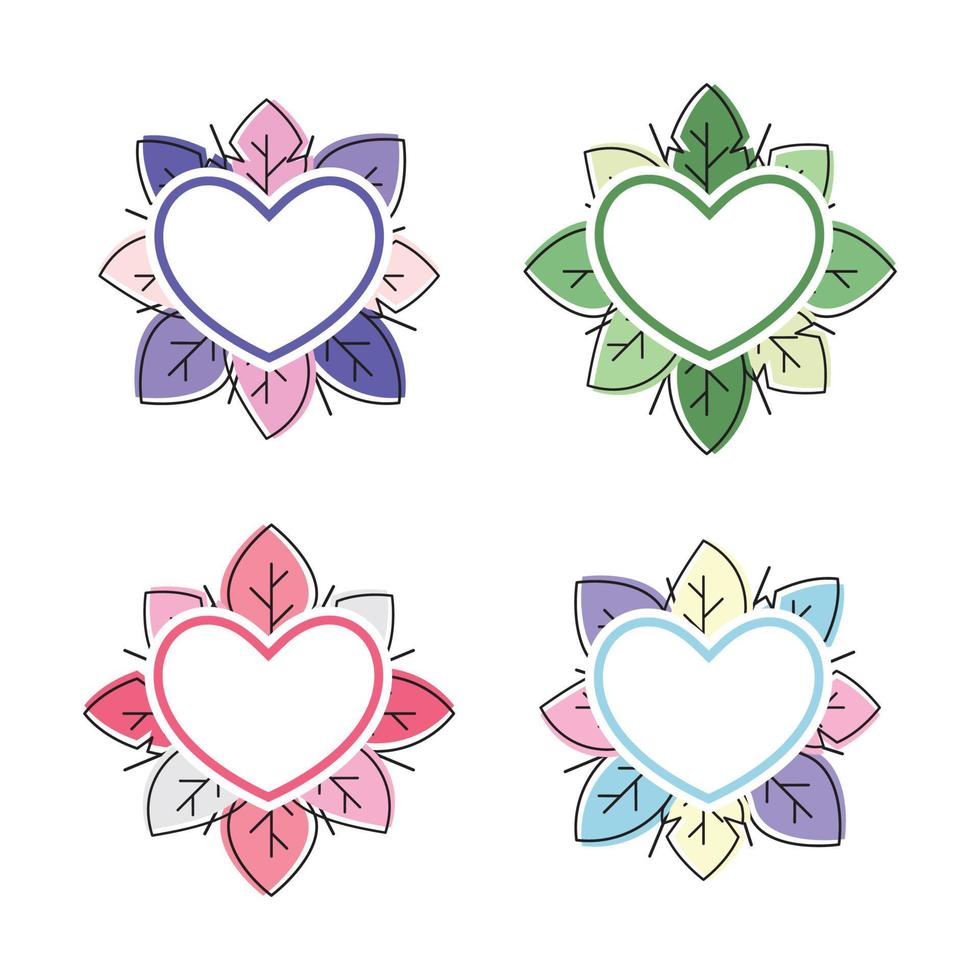 conjunto vectorial de coloridas hojas de verano, con diseño de símbolo de corazón blanco. para tarjetas de felicitación, carteles. vector