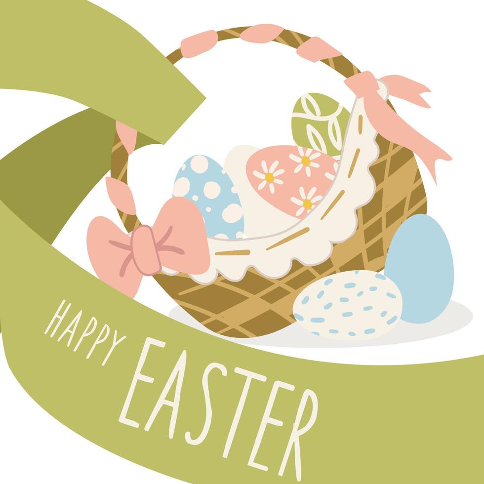 Vector cartoon illustration of an Easter card with a festive basket and colorful painted eggs inside. Ribbon, congratulatory inscription. A simple cute illustration, flat Print banner, flyer, postcard