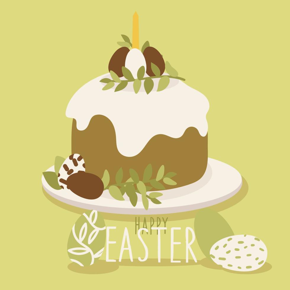Easter banner, a postcard with an image of an Easter bun, eggs, flowers, candles. Design elements for postcards, flyers, banners, flyers. Delicate shades, cute illustration. Vector illustration
