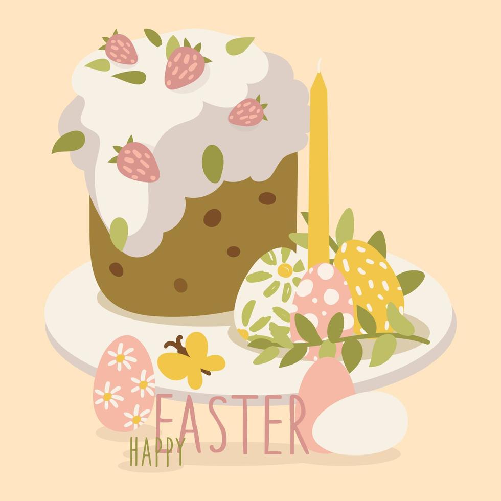 Easter banner, a postcard with an image of an Easter bun, eggs, flowers, candles. Design elements for postcards, flyers, banners, flyers. Delicate shades, cute illustration. Vector illustration