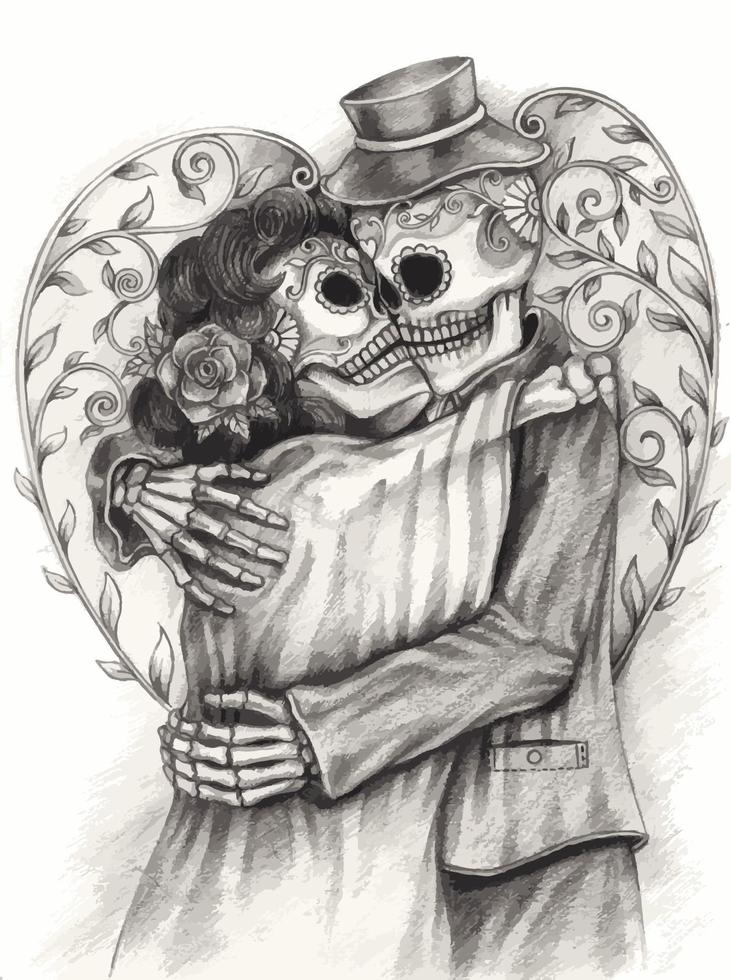 Art fancy couple in love skulls .Hand drawing and make graphic vector. vector