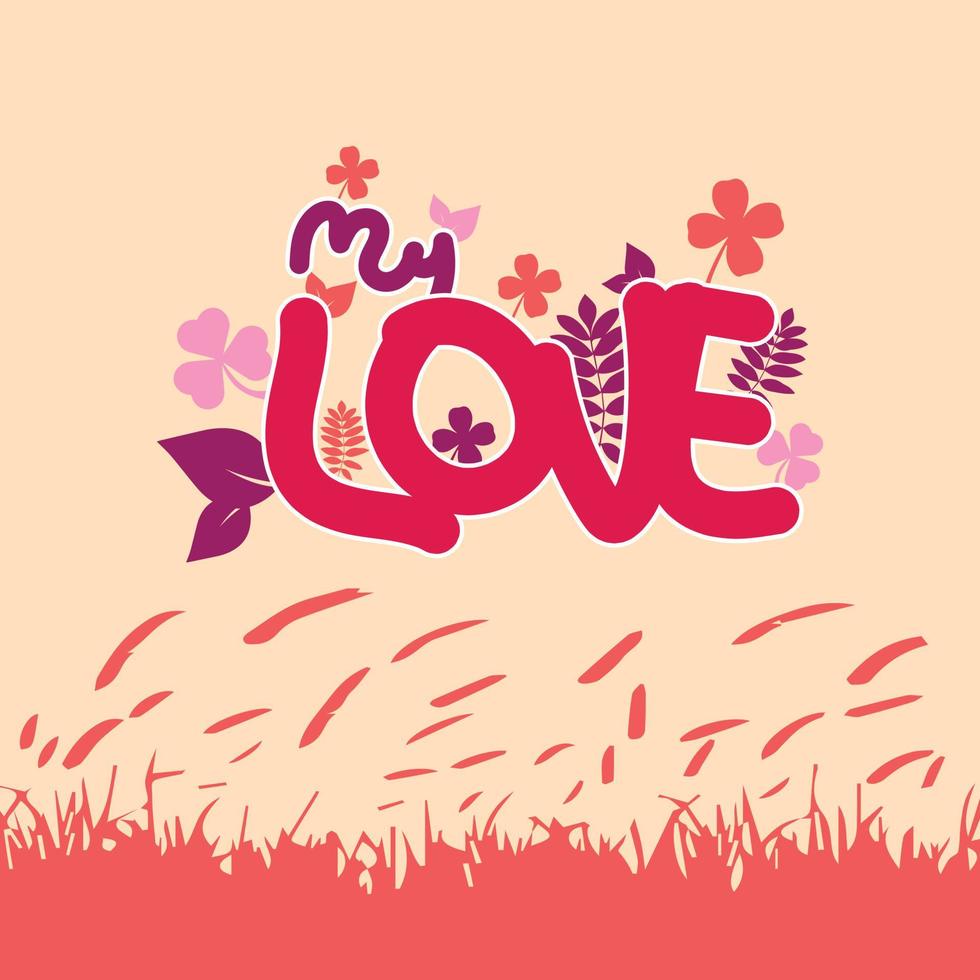 Seamless love texture and grass background with abstract flowers and leaves vector illustration