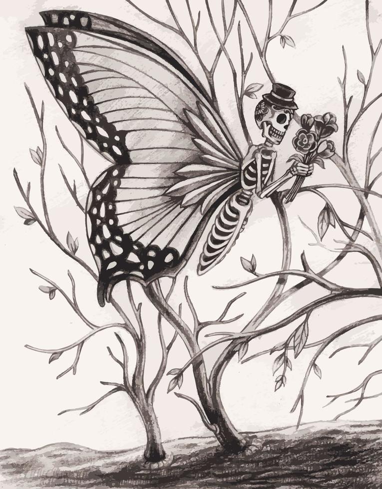Art fantasy surreal butterfly skull. Hand drawing and make graphic vector. vector