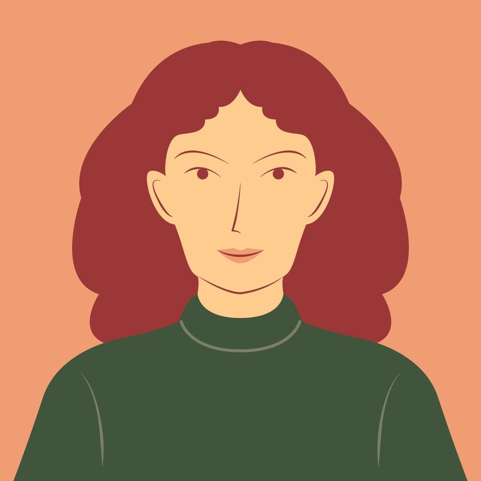 retrato de una mujer hermosa con el pelo tupido en una ilustración de caricatura plana. avatar de cara de mujer joven vector