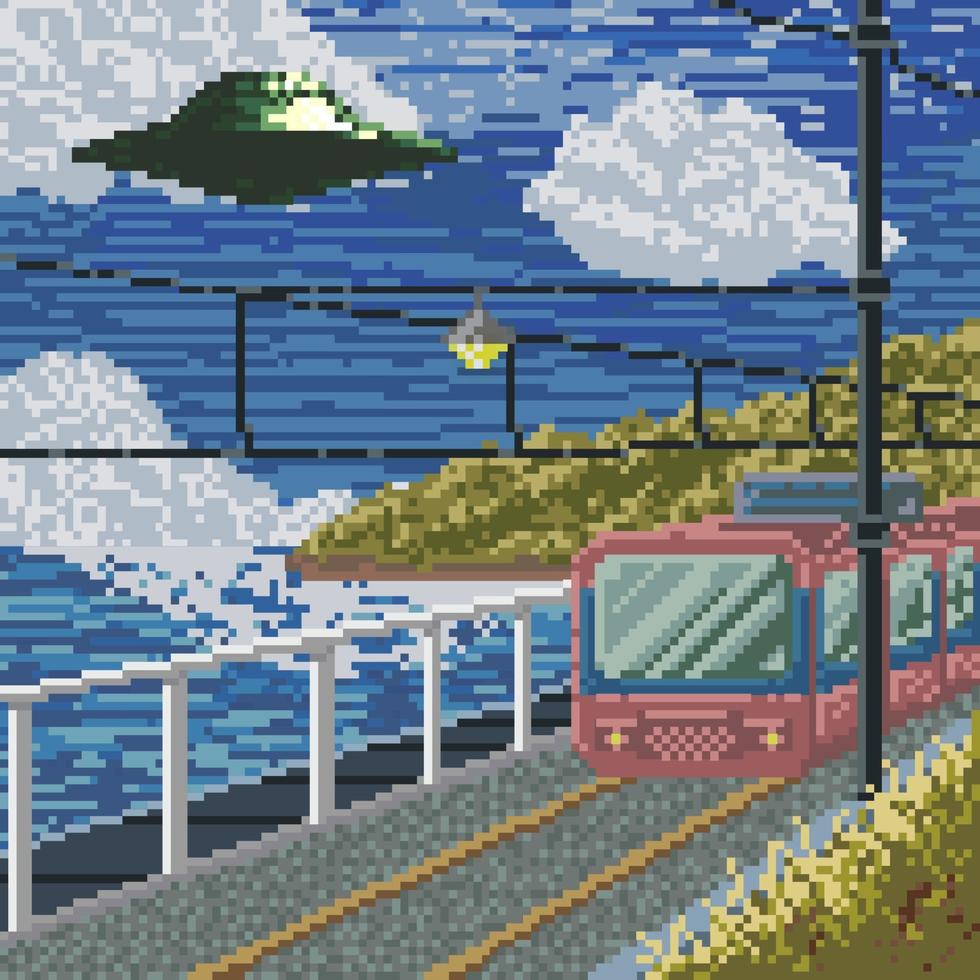 fondo de pixel art de tren junto a la playa vector gratis