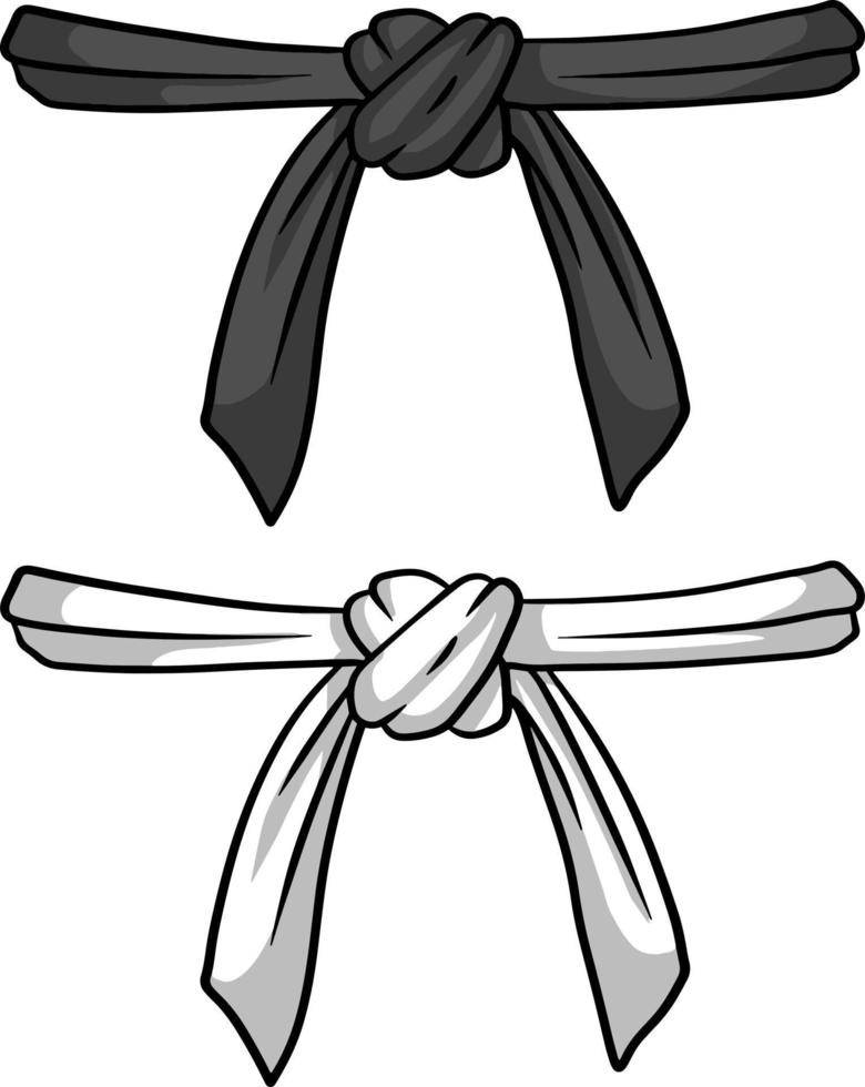 Black and white belt karate and judo. Oriental combat sport. Element of clothing of fighter. Traditional Japanese kimono. Master level set. Hand drawn illustration vector