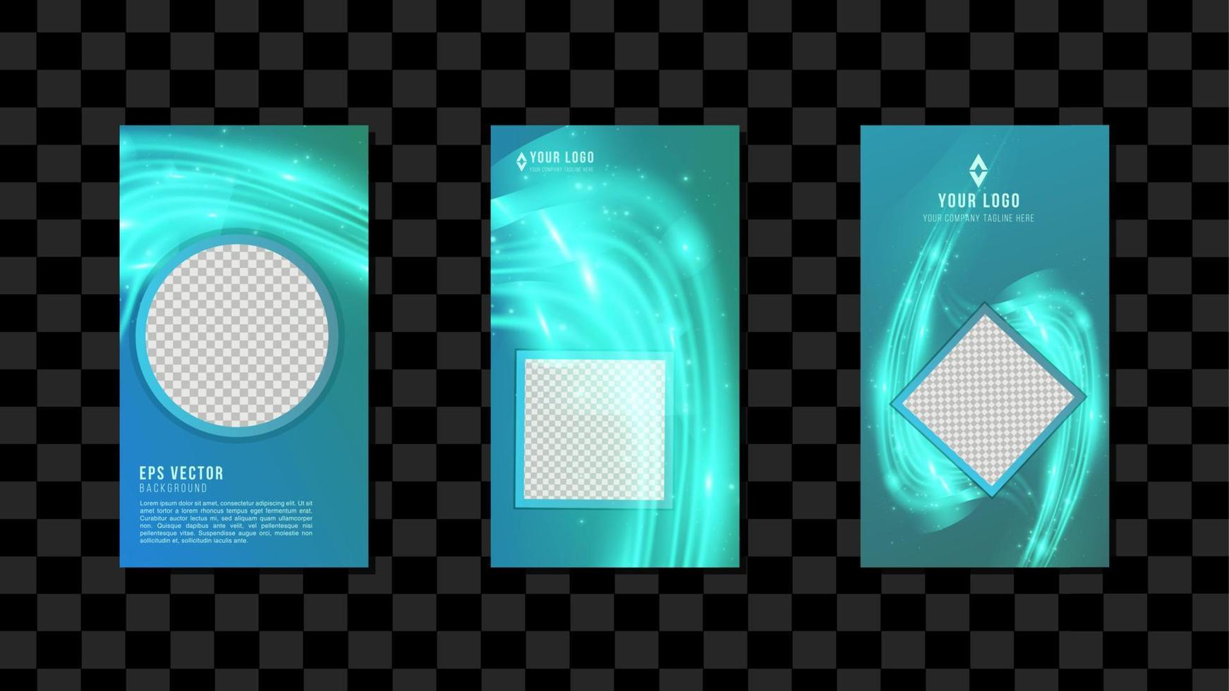 Collection of green turquoise social media story post templates. Vector graphics of dark background, perfect for business webinars