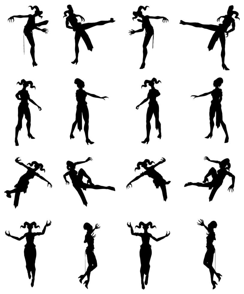 Rotación 360 de la silueta de la pose de diablo femenino karate y salto vector