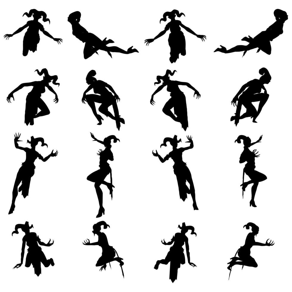 Rotación 360 de la silueta del diablo femenino pose karate y paquete de salto vector