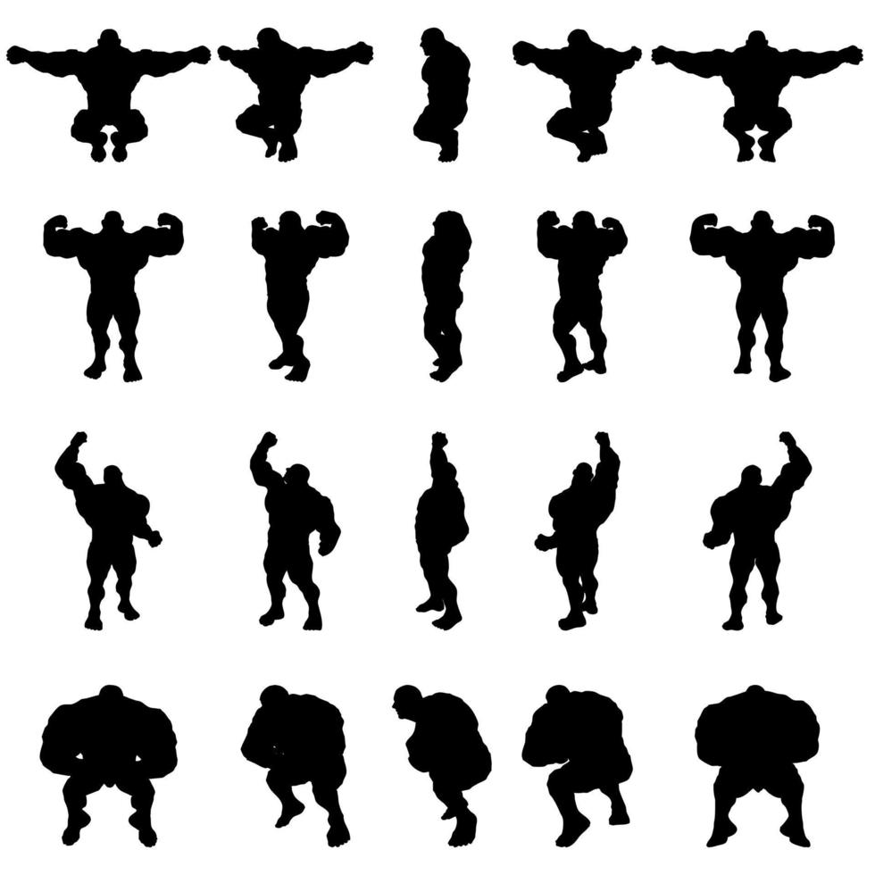 360 rotation big muscular man silhouette and bodybuilder pose vector