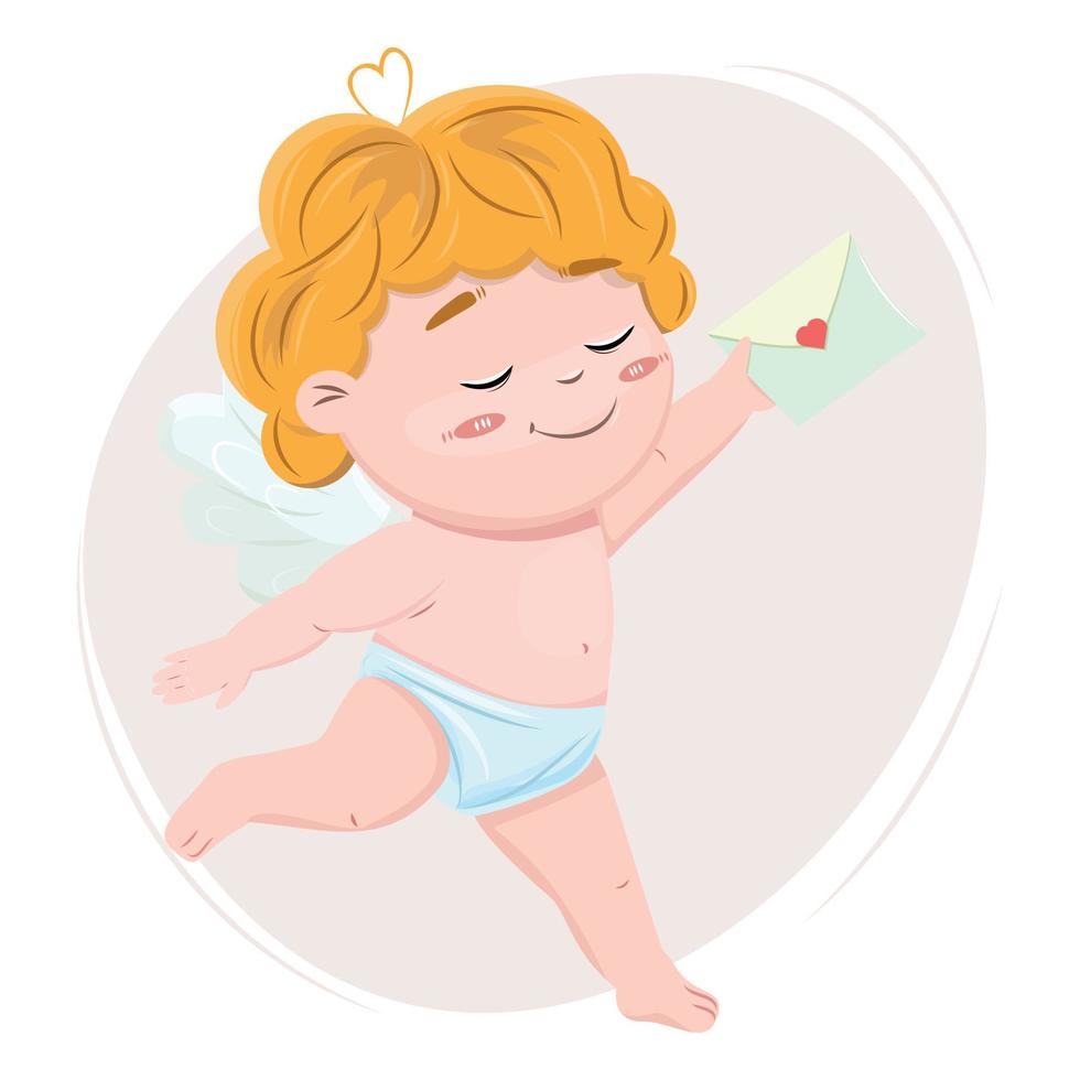 Cute cupid running with the envelope. Happy cupid in love delivering a love letter. Happy Valentines day. For banners, cards, posters, backgrounds, design elements, advertisements. vector