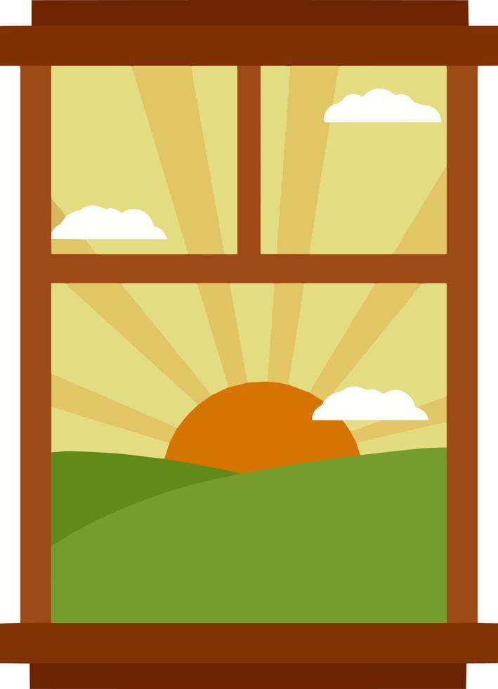 Beautiful countryside landscape from window with sun, blue sky. Element of interior of a country house. Life in the village. Green hills and a wooden frame with glass. Cartoon flat illustration vector