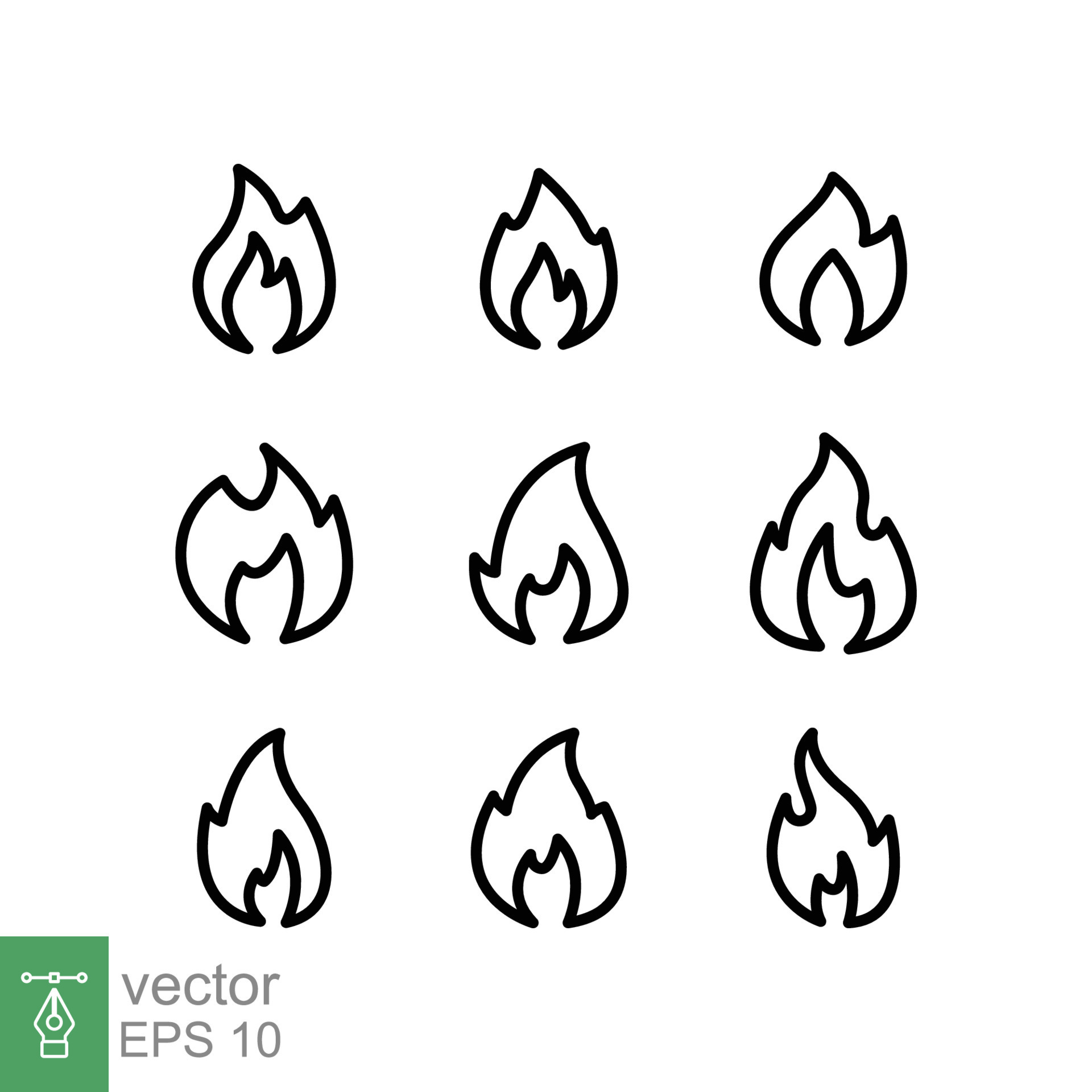 Fire flame line icon set. Simple outline style. Flammable logo