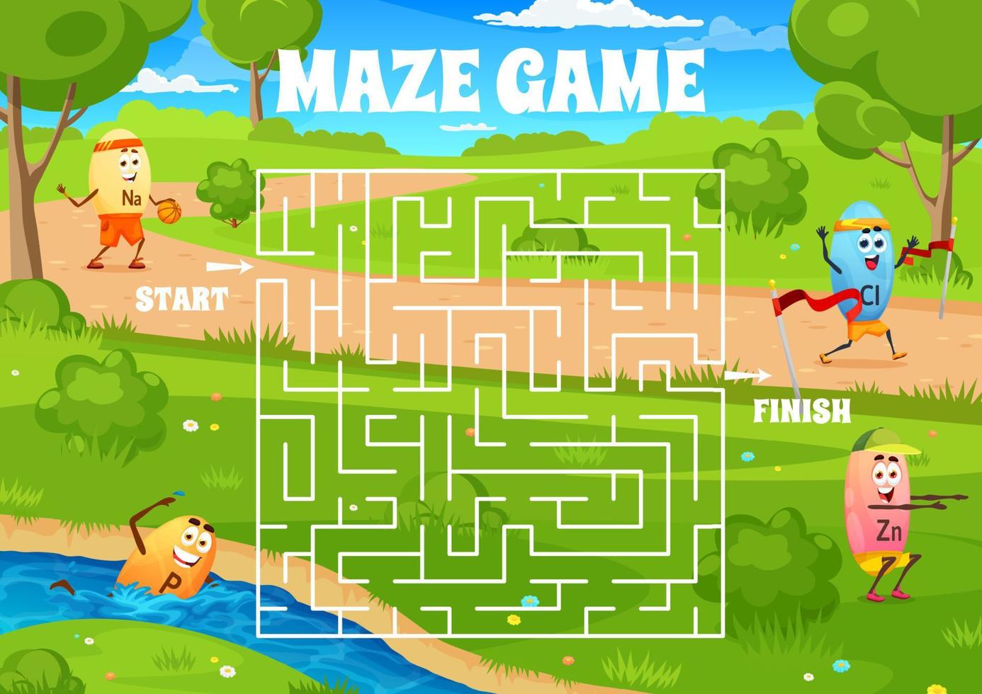 Labyrinth maze with funny micronutrient personages vector