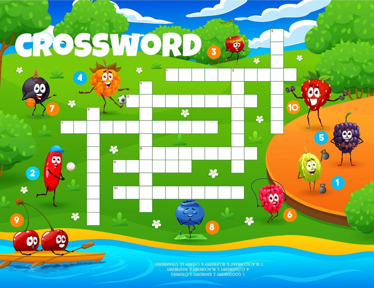 Crossword grid cartoon cheerful berry characters vector